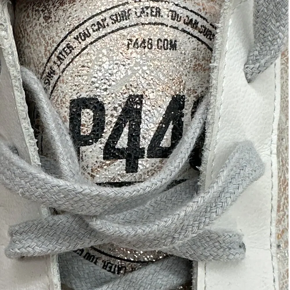 P448 John Low Top Sneakers Gold Metallic White Leather Women’s Casual Sz 40/ 9.5
